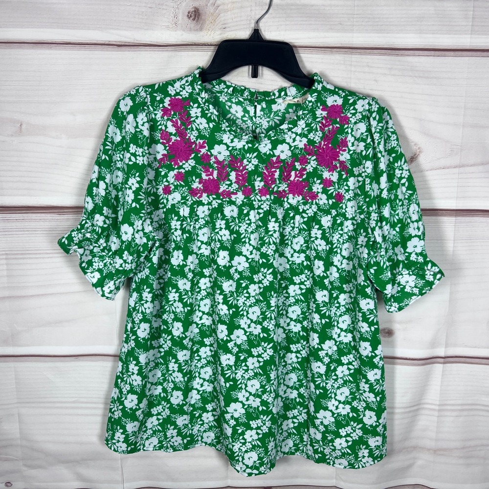 Kori Blouse Womens Small Green White Floral Embroidered Boho Top Short Sleeve